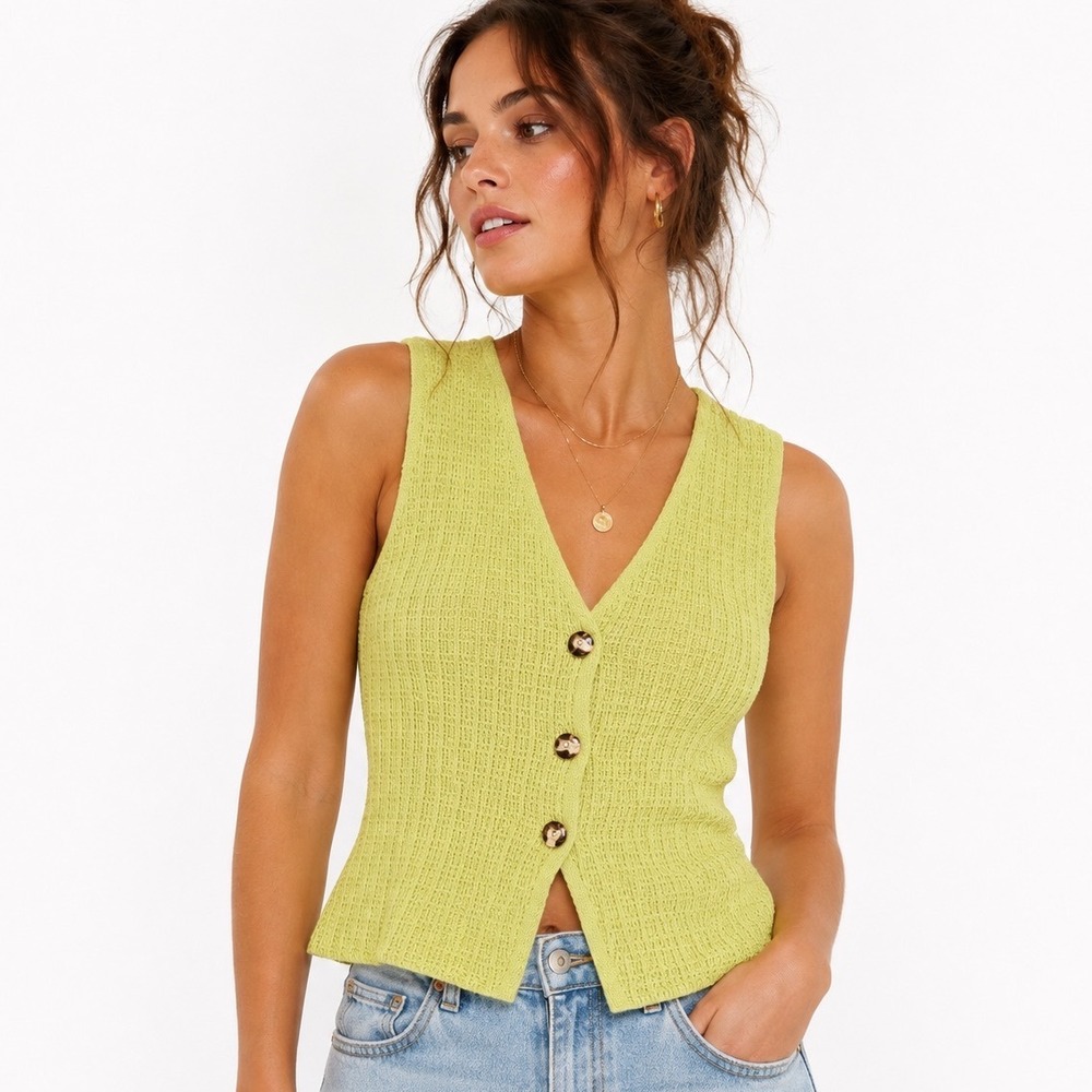 Milk & Honey Lime Chartreuse Green Knit Vest S Y2K 90s Minimalist Button Front